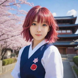 An anime girl with vibrant hair and starry eyes, wearing a traditional Japanese school uniform, with a scenic background of cherry blossoms and old-style Japanese buildings.