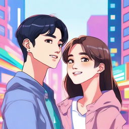 A detailed illustration of Kim Mingyu from Seventeen standing next to a girl