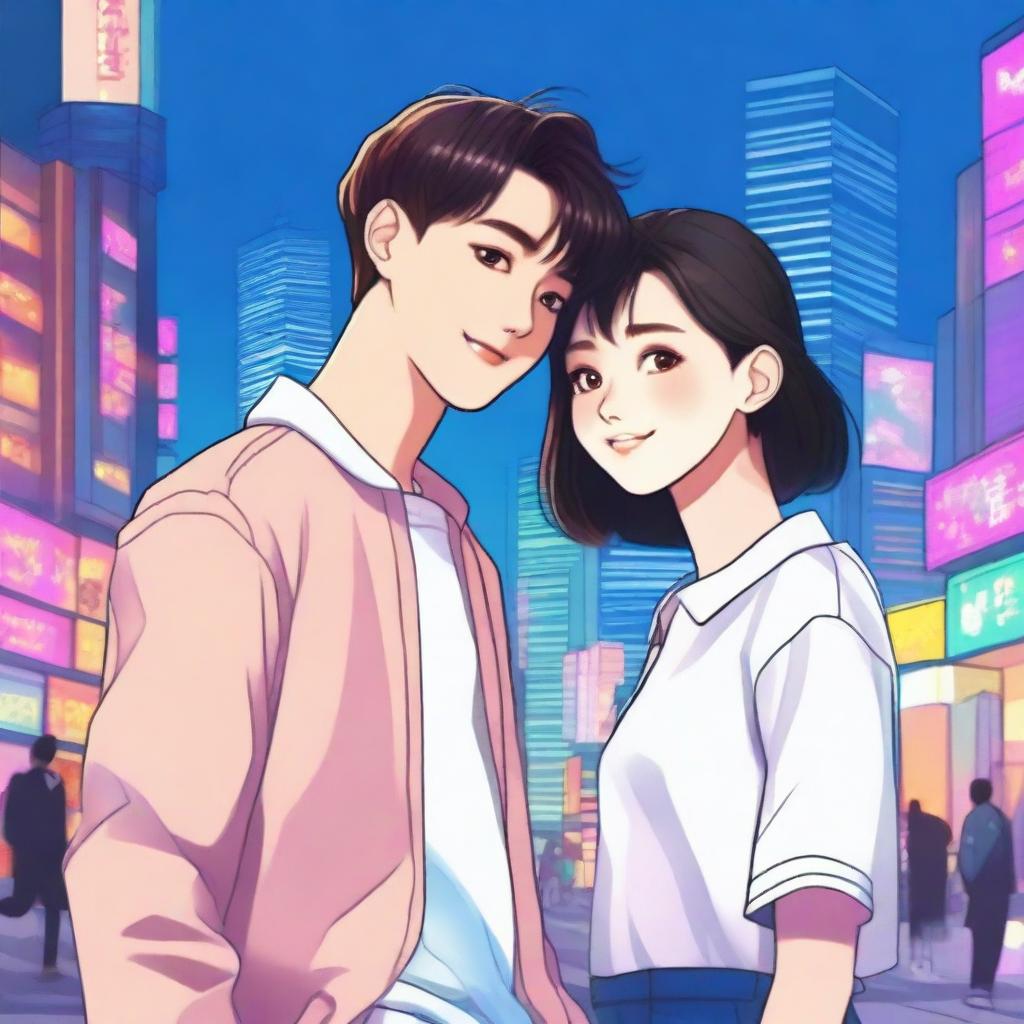 A detailed illustration of Kim Mingyu from Seventeen standing next to a girl