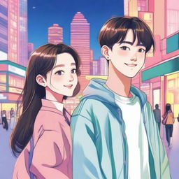 A detailed illustration of Kim Mingyu from Seventeen standing next to a girl