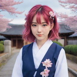 An anime girl with vibrant hair and starry eyes, wearing a traditional Japanese school uniform, with a scenic background of cherry blossoms and old-style Japanese buildings.