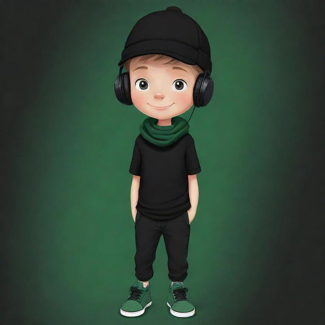 A delightful cartoon of a boy in black cap, black headphones, sporting a black T-shirt with an 'R', black pants and green shoes, stylishly wrapped with a dark green scarf.