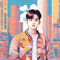 A detailed illustration of Kim Mingyu, a member of the Korean boy group Seventeen