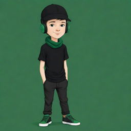 A delightful cartoon of a boy in black cap, black headphones, sporting a black T-shirt with an 'R', black pants and green shoes, stylishly wrapped with a dark green scarf.