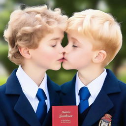 Create a mature-themed book cover featuring two boys kissing