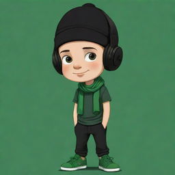 A delightful cartoon of a boy in black cap, black headphones, sporting a black T-shirt with an 'R', black pants and green shoes, stylishly wrapped with a dark green scarf.