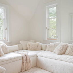 A peaceful and cozy room awash with white color, filled with plush cushions and warm, inviting light.