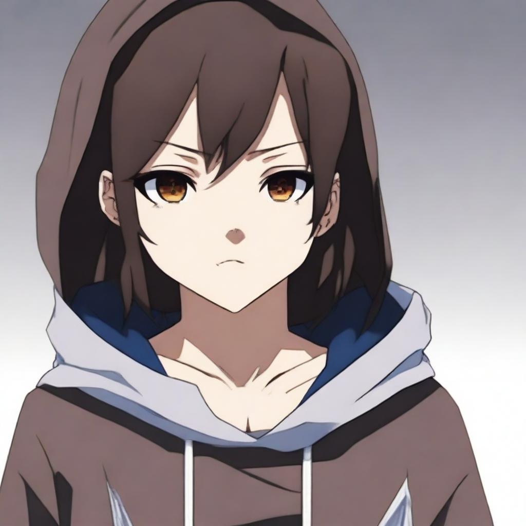 An anime girl, around 16 years old, with dark brown hair and brown eyes