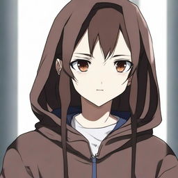 An anime girl, around 16 years old, with dark brown hair and brown eyes