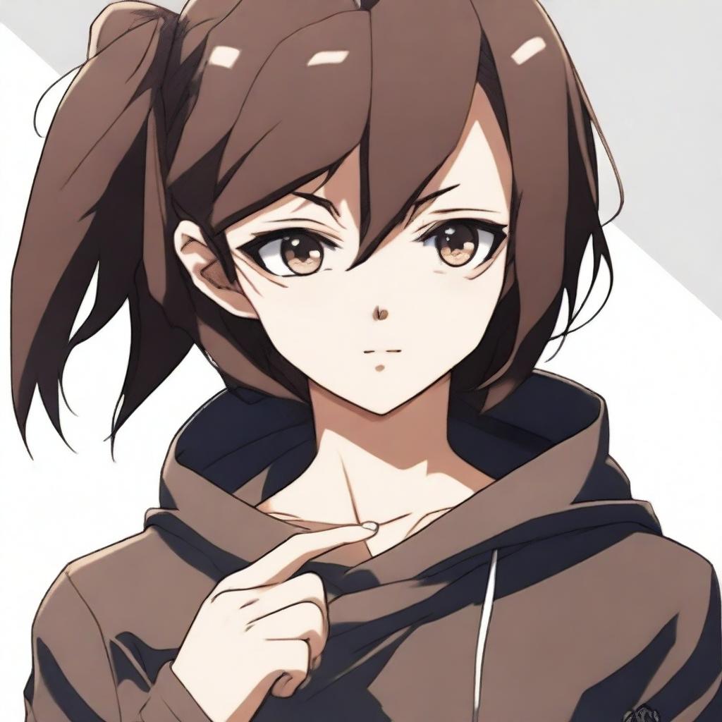 An anime girl, around 16 years old, with dark brown hair and brown eyes