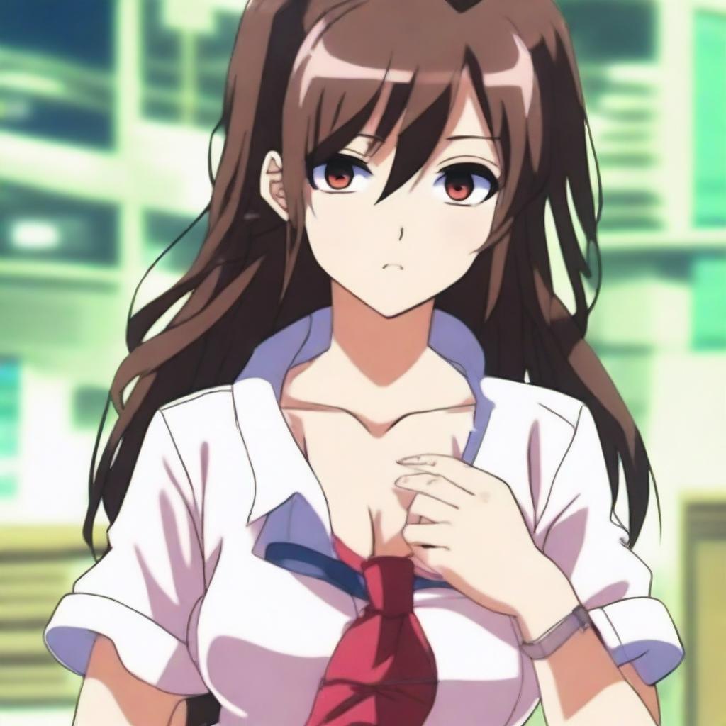 Anime girl, 16 years old, with dark brown hair and brown eyes