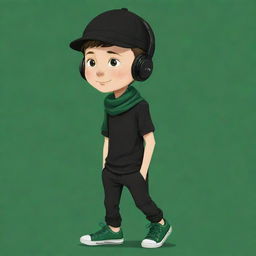 A delightful cartoon of a boy in black cap, black headphones, sporting a black T-shirt with an 'R', black pants and green shoes, stylishly wrapped with a dark green scarf.