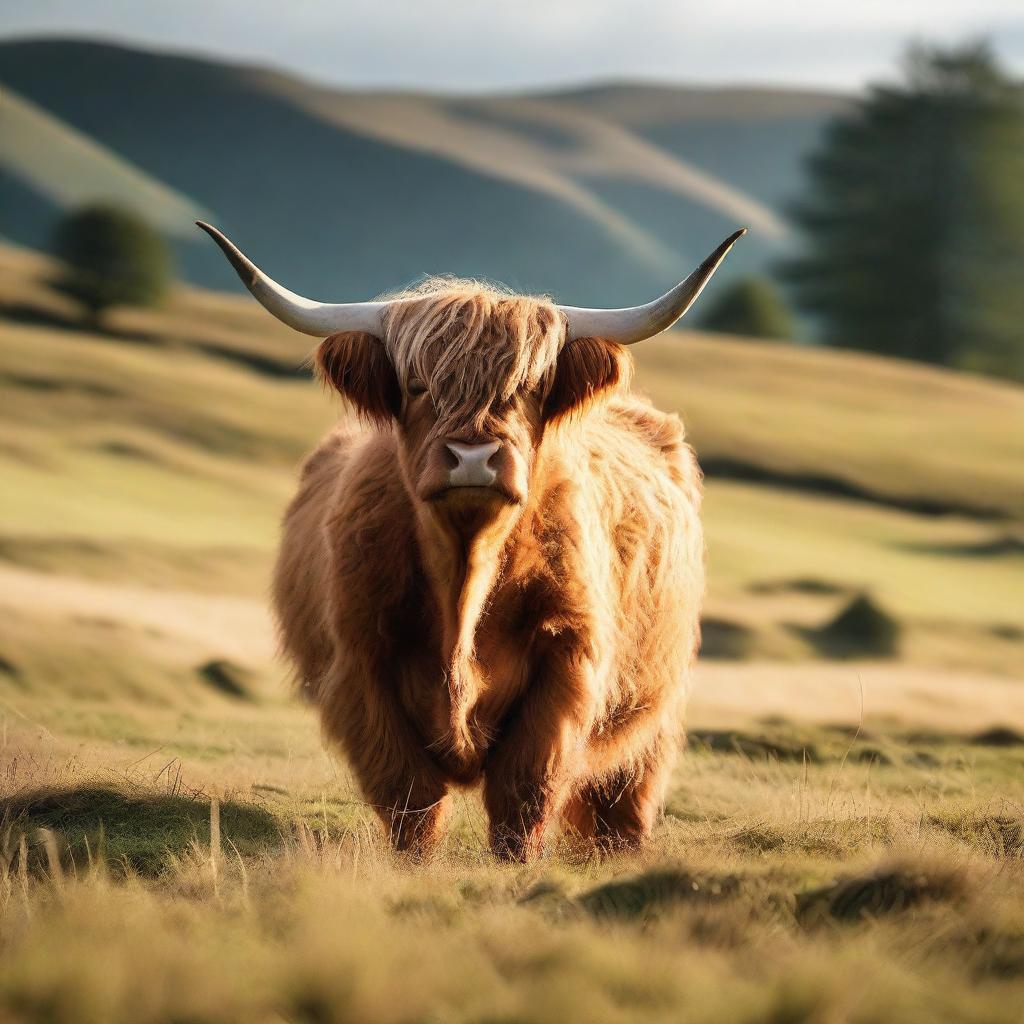 A majestic highland cow stands in a lush green meadow with rolling hills in the background