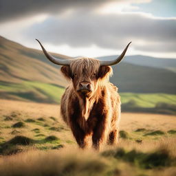 A majestic highland cow stands in a lush green meadow with rolling hills in the background