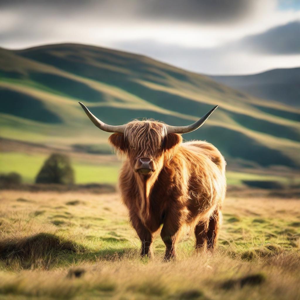 A majestic highland cow stands in a lush green meadow with rolling hills in the background