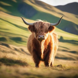 A majestic highland cow stands in a lush green meadow with rolling hills in the background