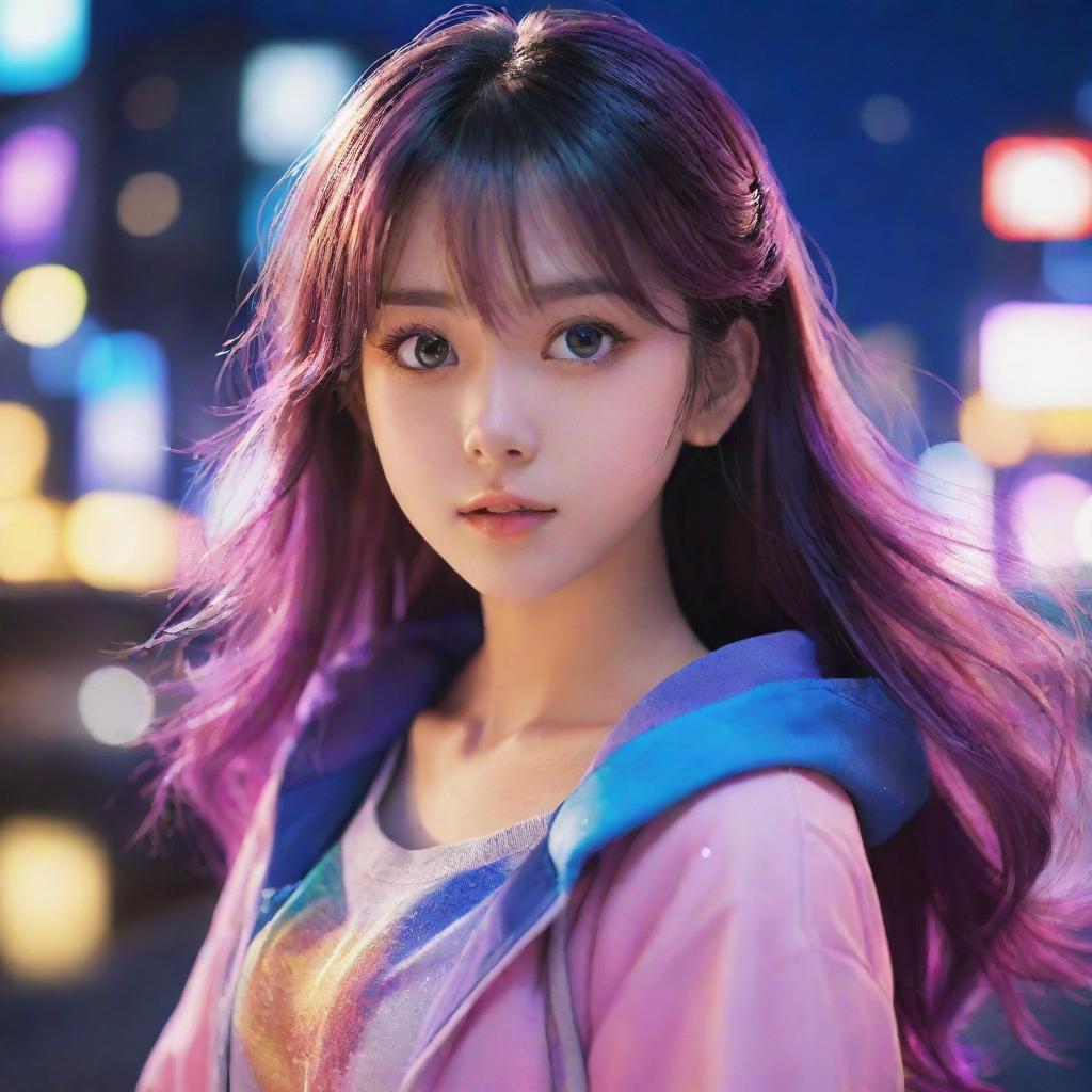 A vibrant anime girl with glossy hair and expressive eyes, dressed in a colorful attire, set against a background of softly glowing lights and a cityscape.