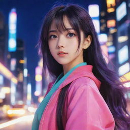 A vibrant anime girl with glossy hair and expressive eyes, dressed in a colorful attire, set against a background of softly glowing lights and a cityscape.