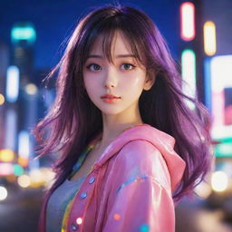 A vibrant anime girl with glossy hair and expressive eyes, dressed in a colorful attire, set against a background of softly glowing lights and a cityscape.