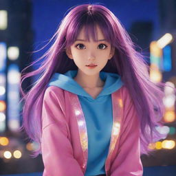 A vibrant anime girl with glossy hair and expressive eyes, dressed in a colorful attire, set against a background of softly glowing lights and a cityscape.