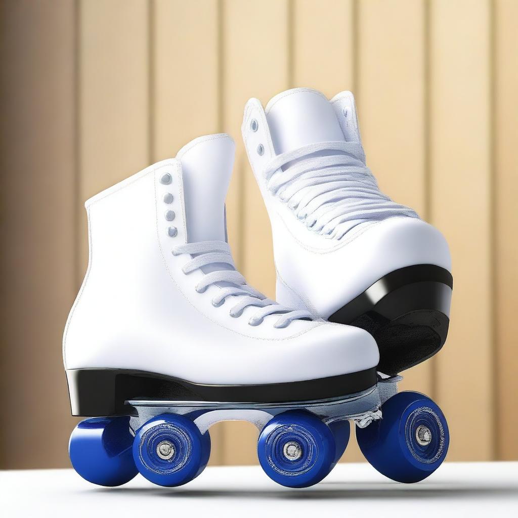 Uma imagem detalhada de três pares de patins: um par de patins artísticos e dois pares de patins de hóquei