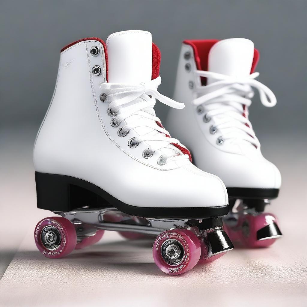 Uma imagem detalhada de três pares de patins: um par de patins artísticos e dois pares de patins de hóquei