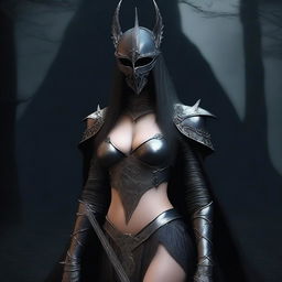 A realistic depiction of a sexy girl cosplaying as the Witch King of Angmar from the Lord of the Rings movies