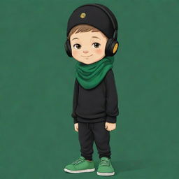 A lovable cartoon image of a boy sporting a black cap, black headphones, a black T-shirt with an 'R', black pants and green shoes, enveloped in a dark green scarf, and whimsically wearing a pancake mask.