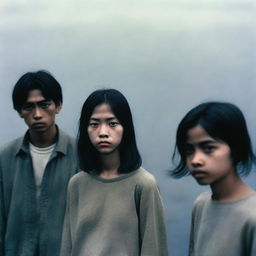 A photograph featuring two men on either side of a girl in the middle, all with flat, expressionless faces