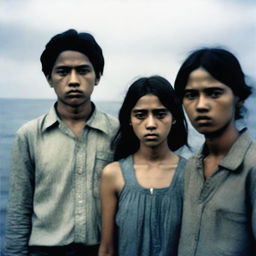 A photograph featuring two men on either side of a girl in the middle, all with flat, expressionless faces