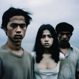 A photograph featuring two men on either side of a girl in the middle, all with flat, expressionless faces