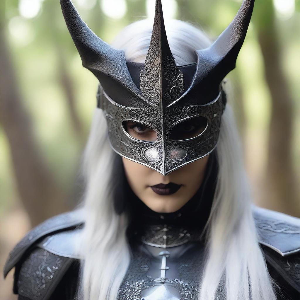 A realistic, up-close headshot of a sexy girl cosplaying as the Witch King of Angmar from the Lord of the Rings movies