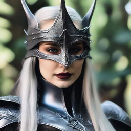 A realistic, up-close headshot of a sexy girl cosplaying as the Witch King of Angmar from the Lord of the Rings movies