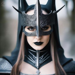 A realistic, up-close headshot of a sexy girl cosplaying as the Witch King of Angmar from the Lord of the Rings movies