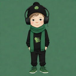 A lovable cartoon image of a boy sporting a black cap, black headphones, a black T-shirt with an 'R', black pants and green shoes, enveloped in a dark green scarf, and whimsically wearing a pancake mask.