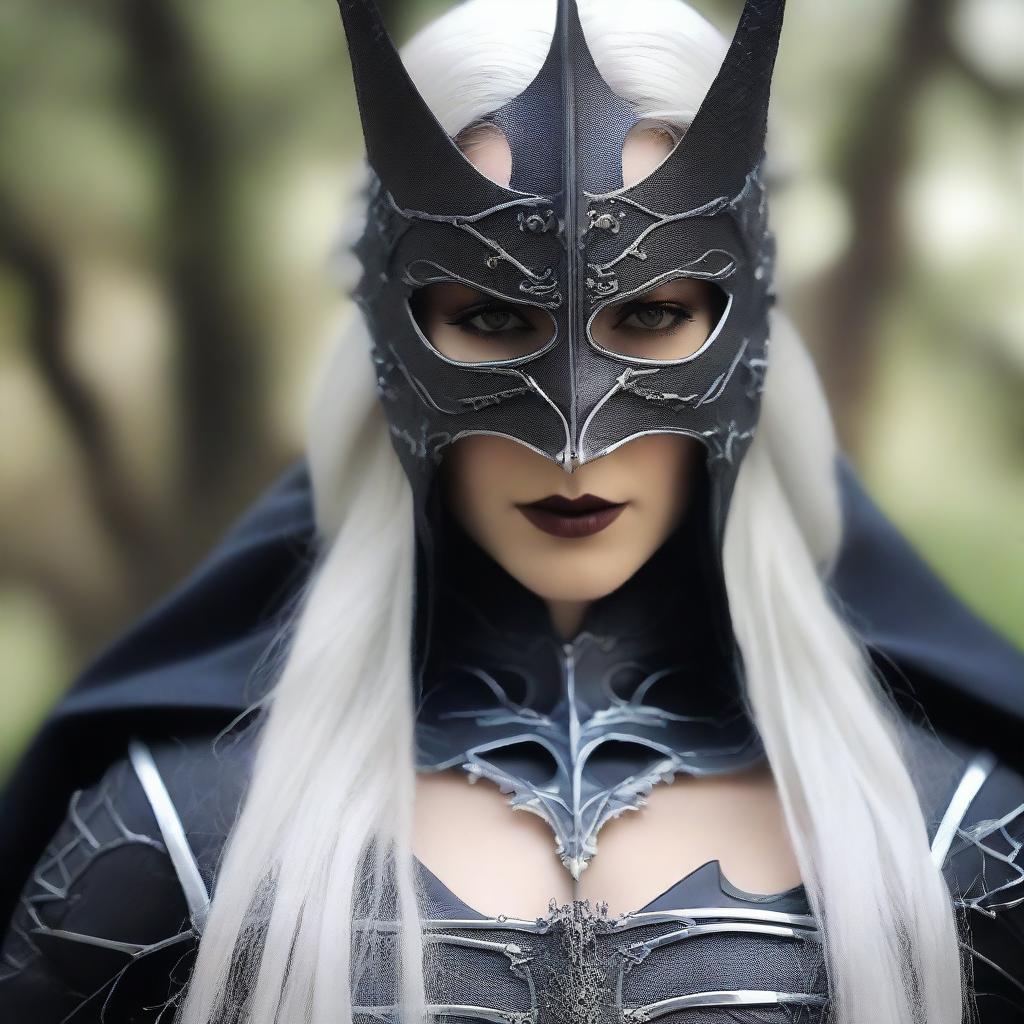 A realistic, up-close headshot of a sexy girl cosplaying as the Witch King of Angmar from the Lord of the Rings movies