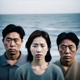 A photograph featuring two Korean men on either side and a Korean girl in the middle, all with flat expressions and no smiles