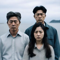 A photograph featuring two Korean men on either side and a Korean girl in the middle, all with flat expressions and no smiles