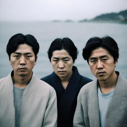 A photograph featuring two Korean men on either side and a Korean girl in the middle, all with flat expressions and no smiles