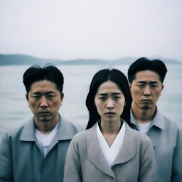 A photograph featuring two Korean men on either side and a Korean girl in the middle, all with flat expressions and no smiles