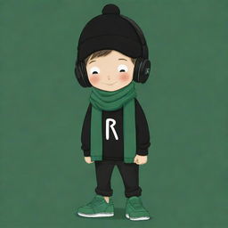 A lovable cartoon image of a boy sporting a black cap, black headphones, a black T-shirt with an 'R', black pants and green shoes, enveloped in a dark green scarf, and whimsically wearing a pancake mask.