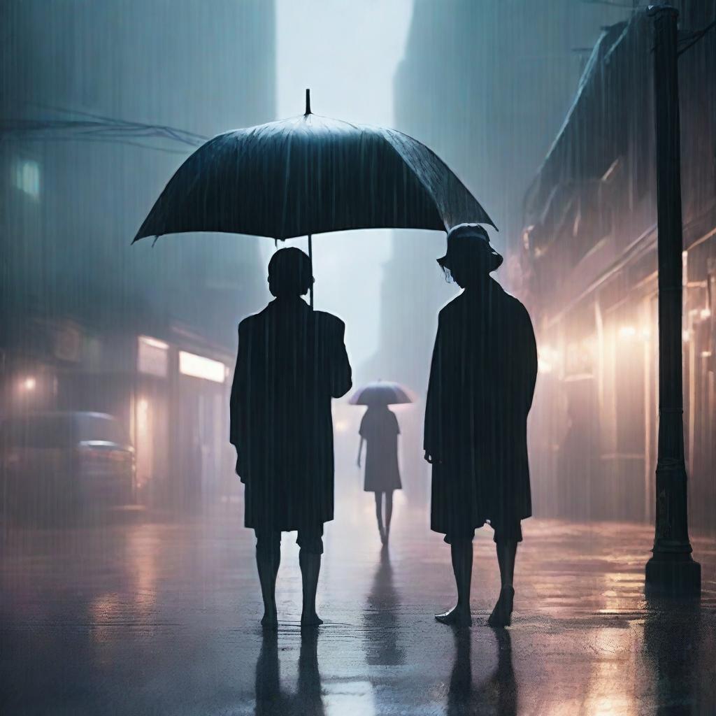 A scene depicting a man holding an umbrella over a girl in heavy rain, while another man watches them from a distance