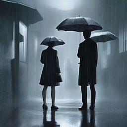 A scene depicting a man holding an umbrella over a girl in heavy rain, while another man watches them from a distance