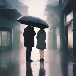 A scene depicting a man holding an umbrella over a girl in heavy rain, while another man watches them from a distance