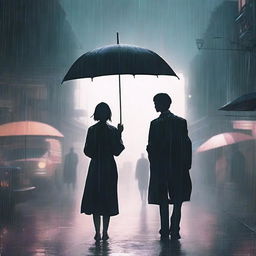 A scene depicting a man holding an umbrella over a girl in heavy rain, while another man watches them from a distance