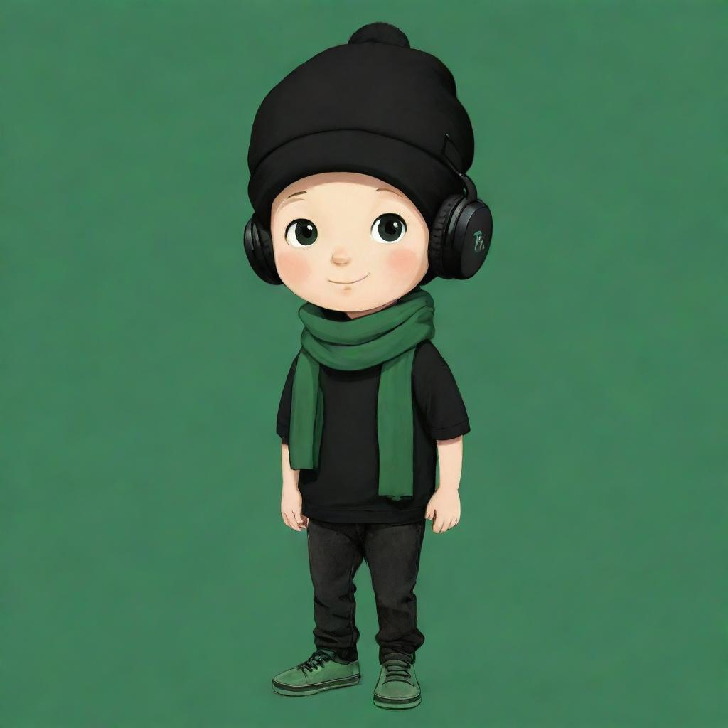 A lovable cartoon image of a boy sporting a black cap, black headphones, a black T-shirt with an 'R', black pants and green shoes, enveloped in a dark green scarf, and whimsically wearing a pancake mask.