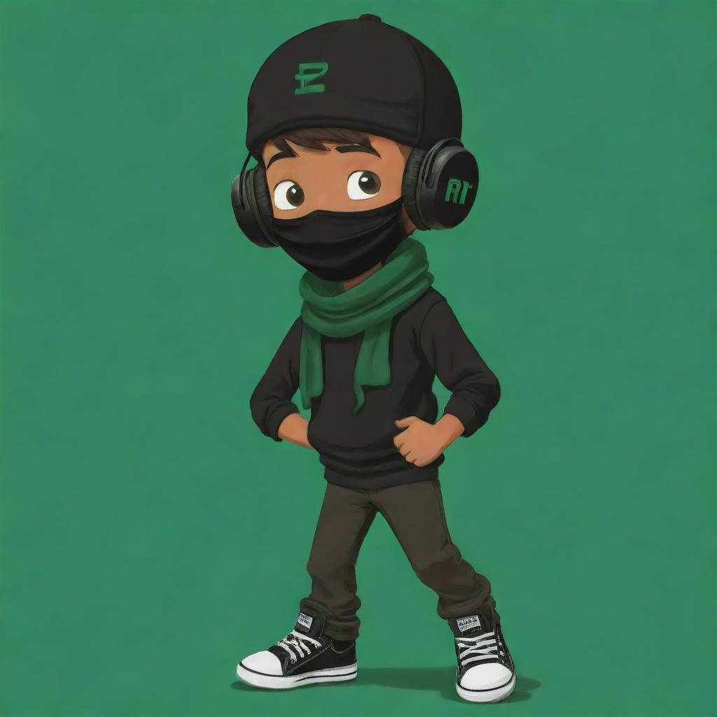 A playful cartoon drawing of a boy adorned with a black cap, black headphones, a black 'R' T-shirt, black pants, green shoes, a dark green scarf, and intriguingly sporting a brown mask.