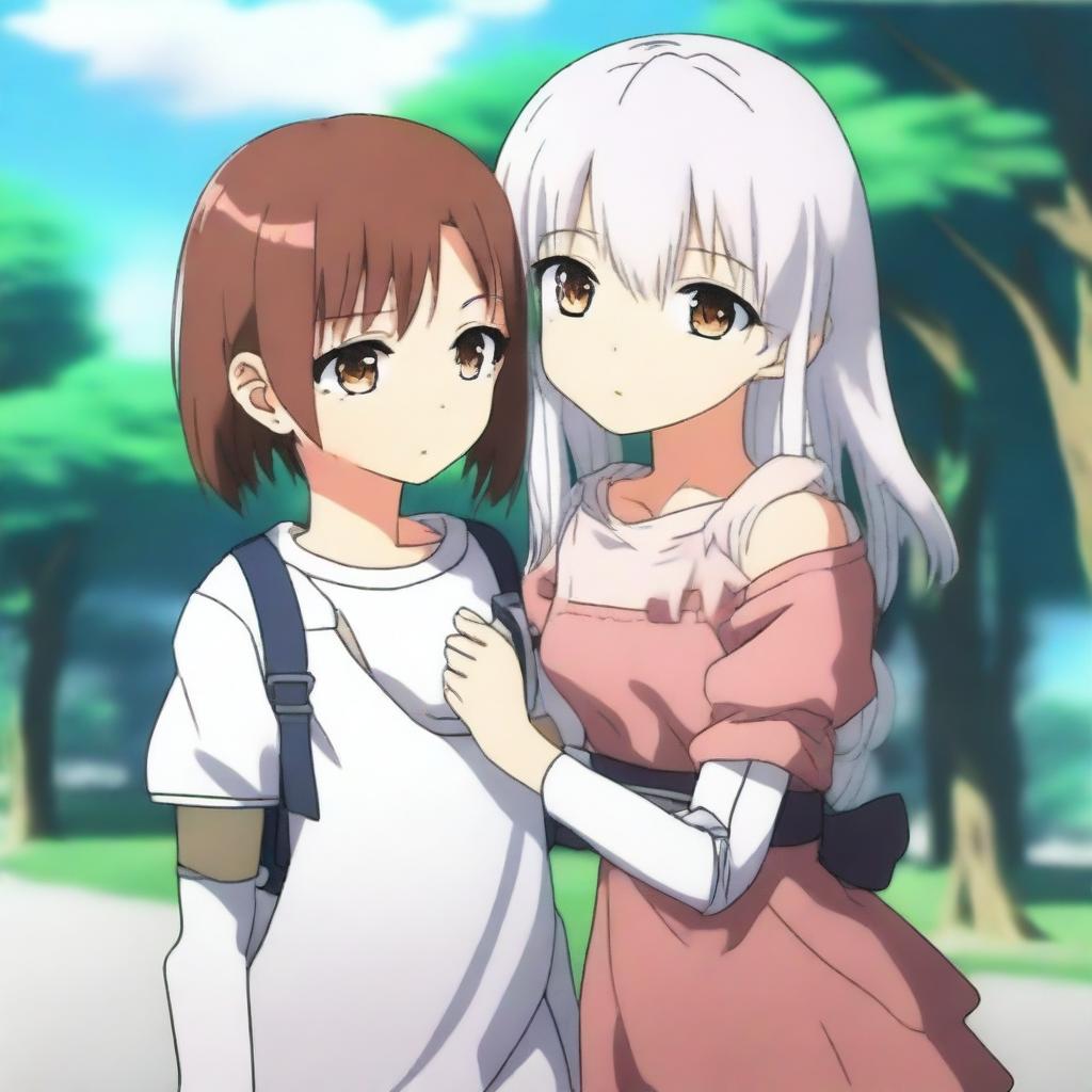 An anime girl, around 16 years old, with brown hair and one brown eye
