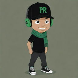 A playful cartoon drawing of a boy adorned with a black cap, black headphones, a black 'R' T-shirt, black pants, green shoes, a dark green scarf, and intriguingly sporting a brown mask.