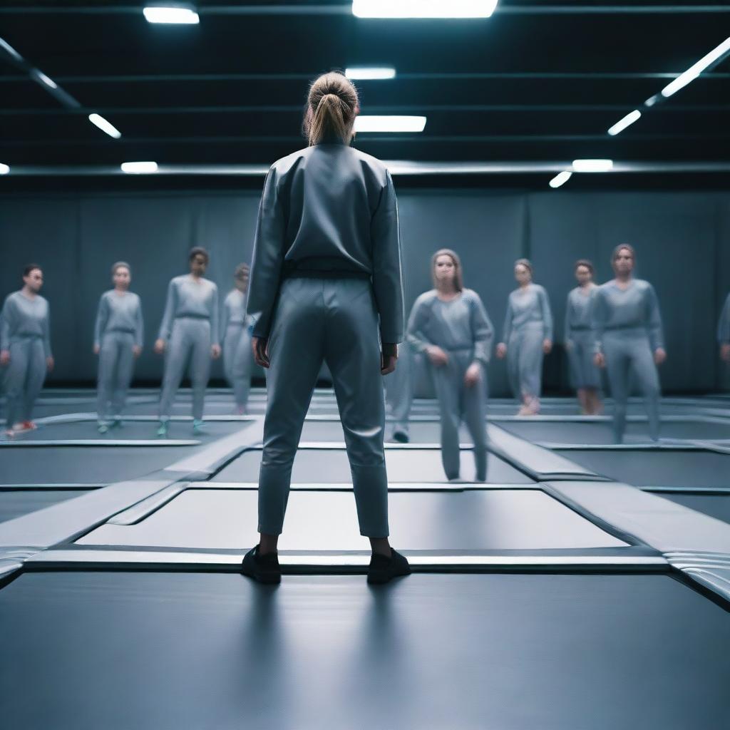 A movie poster showing the back of an employee in a referee uniform standing and looking at rows of trampolines in a trampoline park